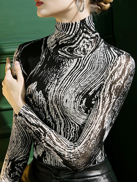 

Urban Turtleneck Long Sleeve Abstract Printed T-Shirt, Black, Tees