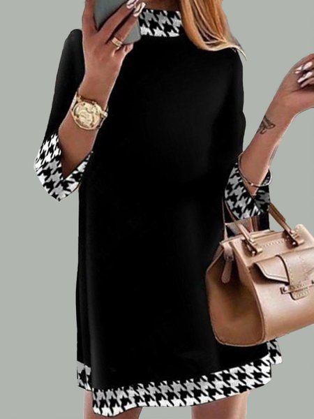 

Long sleeve Stand Collar Houndstooth Regular Fit Dress, Black, Dresses