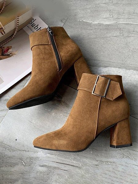 Belt Buckle Chunky Heel Pointed Toe Booties, Brown, Boots