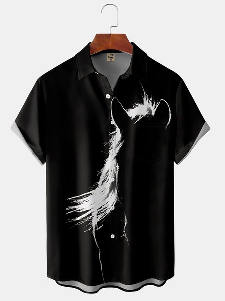 

Mens Western Horse Print Front Buttons Soft Breathable Chest Pocket Casual Hawaiian Shirt, Black, Short Sleeve Shirts