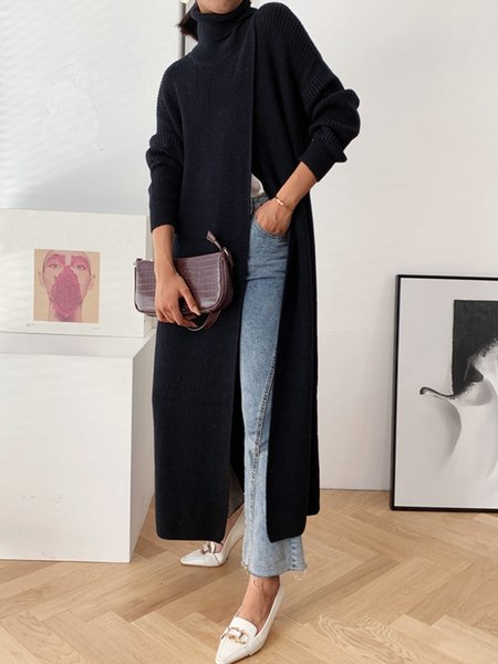 

Urban Turtleneck Long Sleeve Plain Cross Sweater, Black, Pullovers