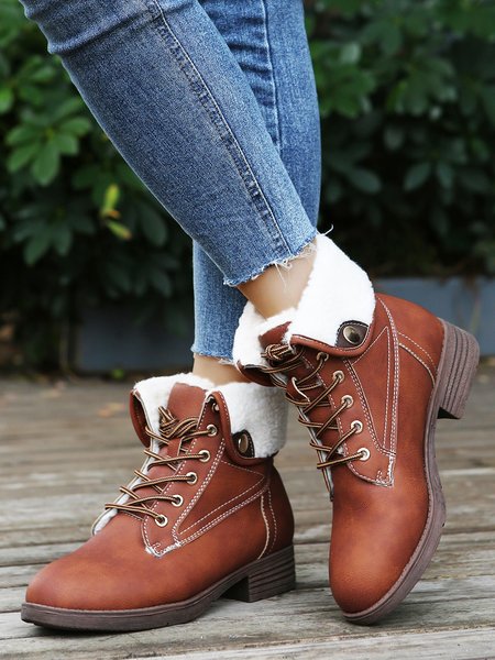 

Lapel Imitation Cashmere Warm Chunky Heel Booties, Brown, Boots
