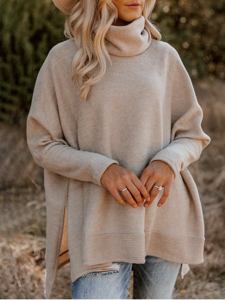 

Casual Turtleneck Loose Tops, Apricot, Tops