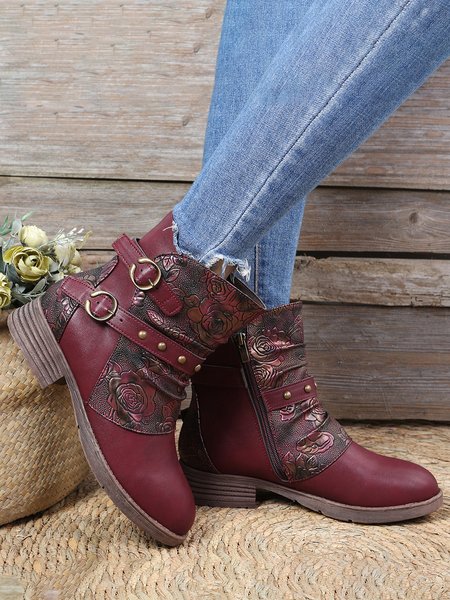 

Dark Red Vintage Floral Embossed Buckle Rider Boots, Boots