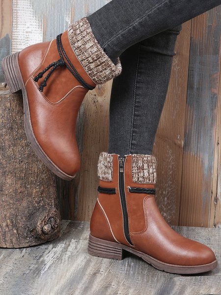 

Retro Wool Fabric Stitching Zipper Ankle Boots, Brown, Boots