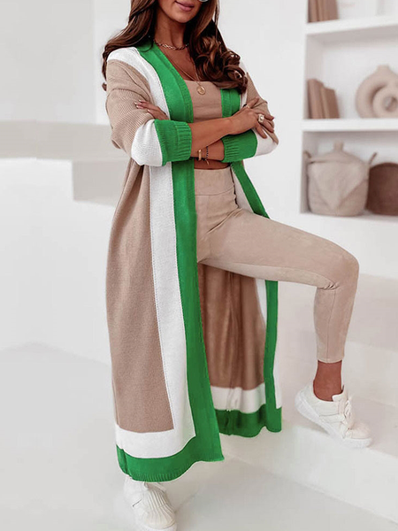 

High Elasticity V Neck Loose Long sleeve Sweater Coat, Khaki, Cardigans