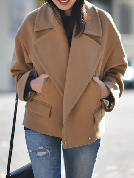 

Loose Lapel Collar Long sleeve Plain Overcoat, Brown, Coats