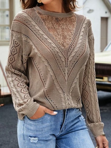 

Plain lace pick hole loose sweater plus size, Khaki, Sweaters