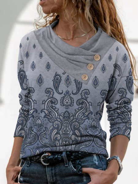 

Paisley button loose pile collar Pullover Top plus size, Blue, Tops