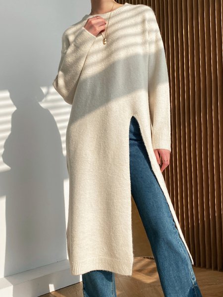 

Urban Crew Neck Plain Simple Split Sweater, Apricot, Pullovers