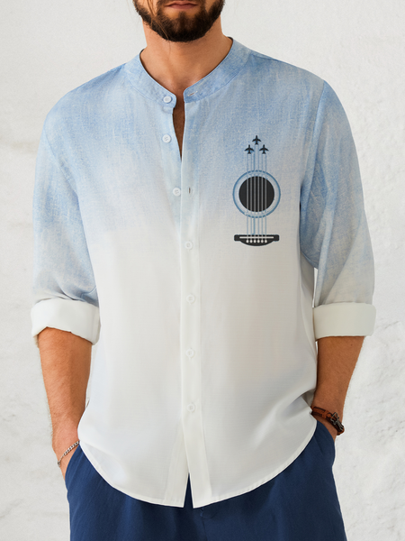 

Cotton and linen style lie fallow gradient guitar printing flax long sleeve Shirt, As picture, Long Sleeve Shirts