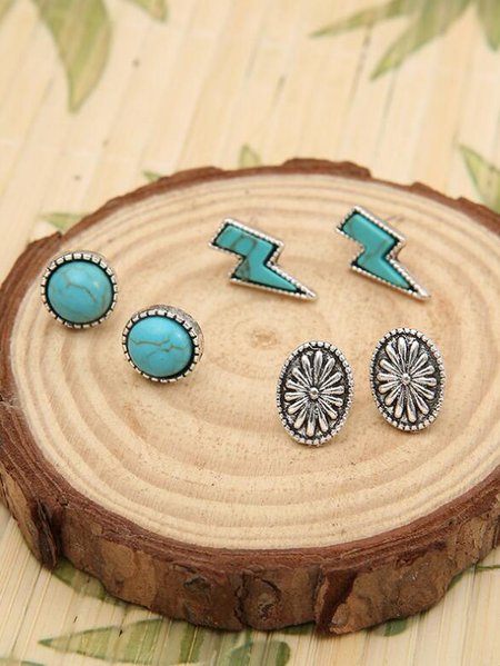 

3Pcs Retro Ethnic Turquoise Lightning Ethnic Pattern Earring Set Western Style Everyday Earrings, Silver, Earrings