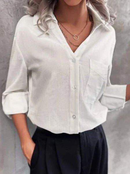 

Cotton button pocket Lapel shirt plus size, White, Shirts & Blouses