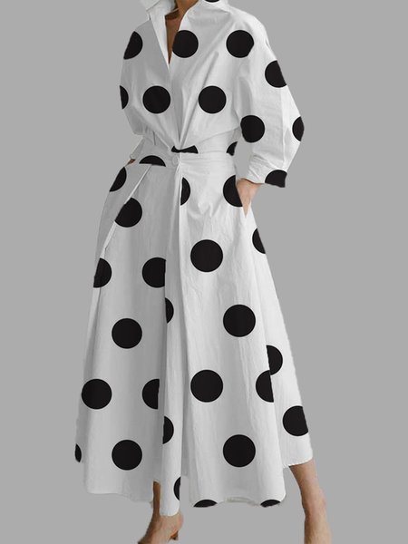 

Elegant Shirt Collar Polka Dots Pockets Midi Dress, White, Dresses
