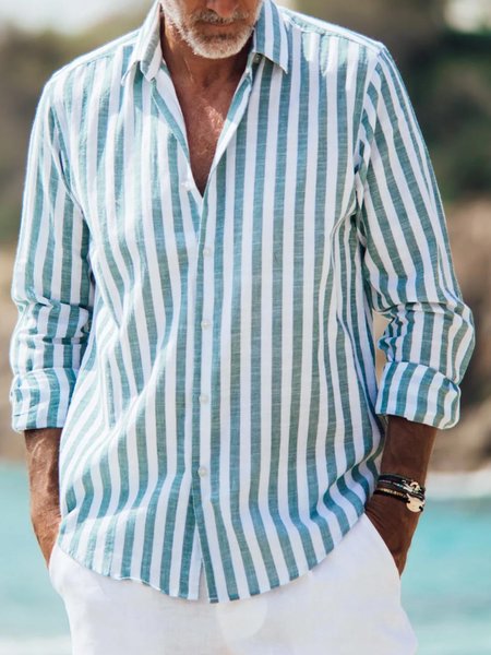 

Cotton Linen Striped Casual Long Sleeve Shirt, As picture, Long Sleeve Shirts