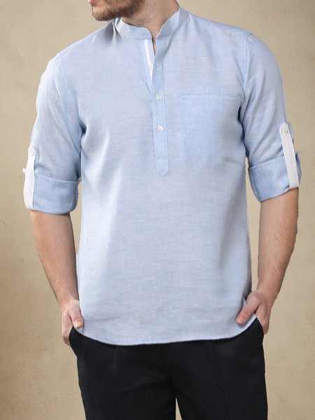 

Men's Stand Collar Half Open Long Sleeve Shirt, Blue, Long Sleeve Shirts