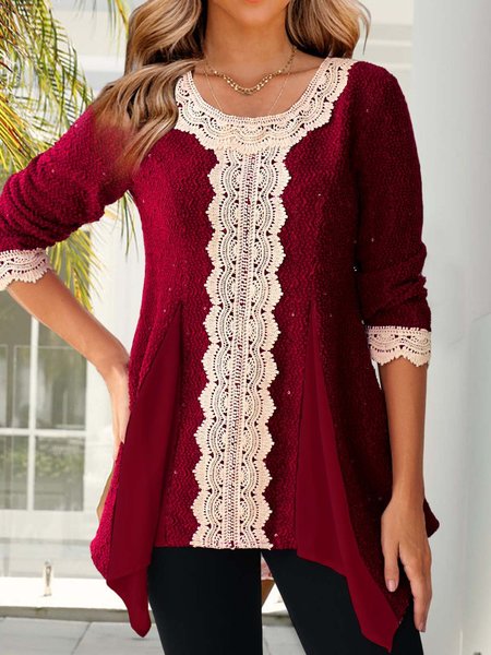 

Crimson Lace Panel Crewneck Top, Red, Tops