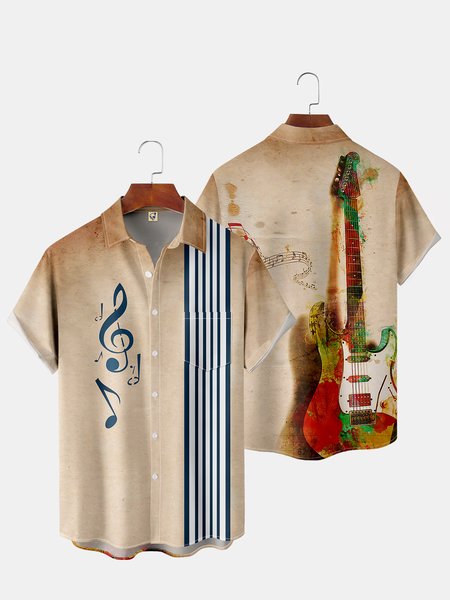 

Mens Music Print Casual Hawaiian Short Sleeve Shirt, Khaki, Short Sleeve Shirts