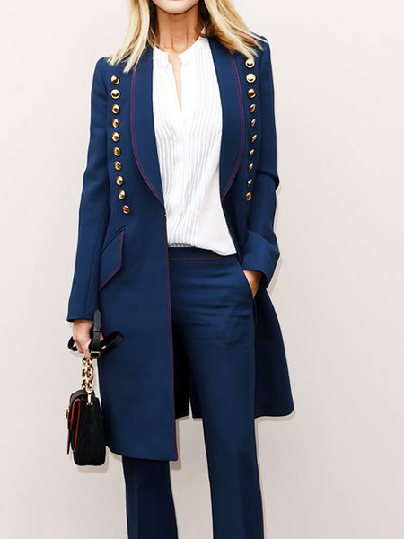 

Loose Urban Plain Lapel Collar Long sleeve Overcoat, Navyblue, Coats