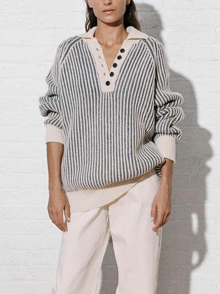 

Long sleeve Loose Casual Striped Sweater, Gray, Pullovers