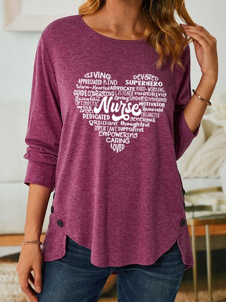 

Women Nurse Print Crew Neck Long Sleeve Top, Deep red, Long sleeves