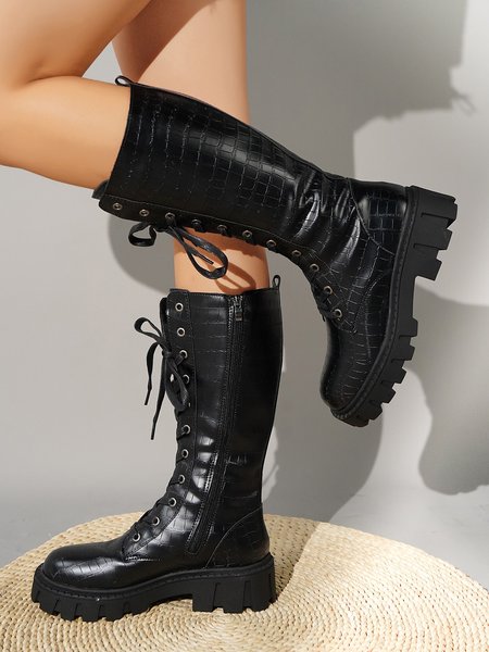 

Crocodile Print Platform Block Heel High Rider Boots, Black, Boots