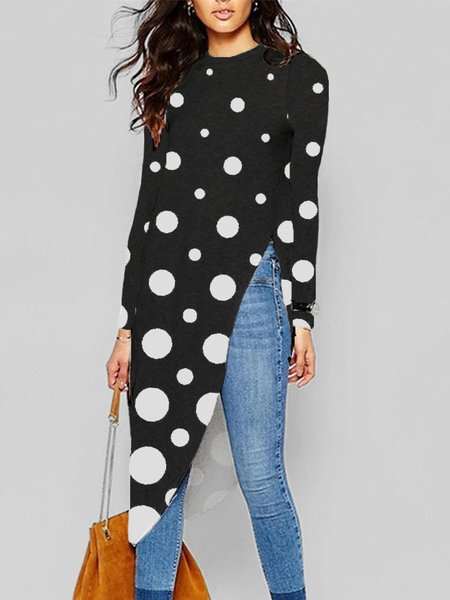 

Polka Dots Simple Long Sleeve Tight Top, Black-white, Tees