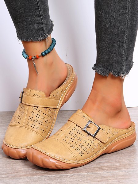 

Floral Cutout Breathable Casual Comfort Mules, Khaki, Flats