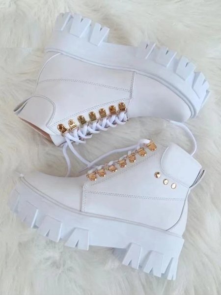 

Studs Platform Cargo Lace-Up Booties, White, Boots