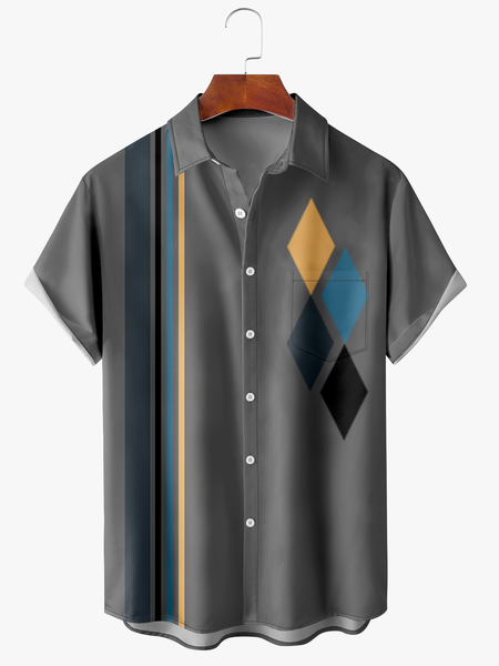

Men's Geometric Stripe Printed Wrinkle Resistant Moisture Wicking Fabric Fashion Hawaiian Lapel Short Sleeve Shirt, Gray, Men's Floral shirt