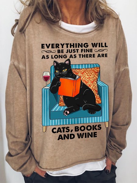 

Everything Will Be Fine As Long As There Be Cat And Wine Women Loose Sweatshirt, Khaki, Hoodies&Sweatshirts