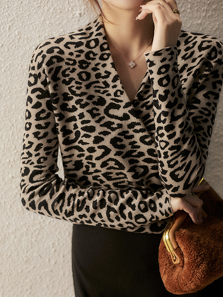 

Leopard Loose Urban V neck Long sleeve Sweater, Pullovers