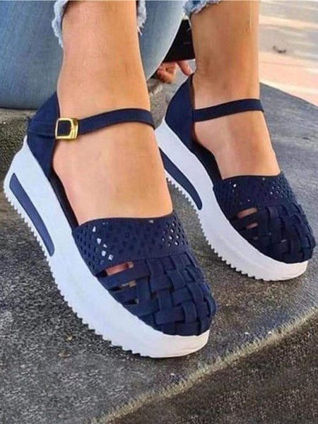 

Braided Breathable Cutout Toe Platform Buckle Sandals, Purplish blue, Creepers & Wedges