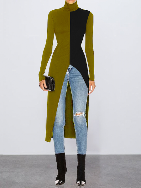

High Elasticity Urban Tight Turtleneck Long sleeve Mid-long Tops, Black-green, Linen Tops