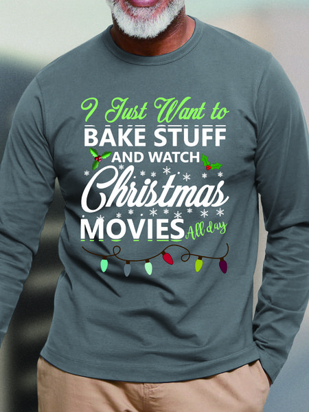 

Men Bake Stuff Christmas Movies Snow Loose Casual Top, Gray, Long Sleeves