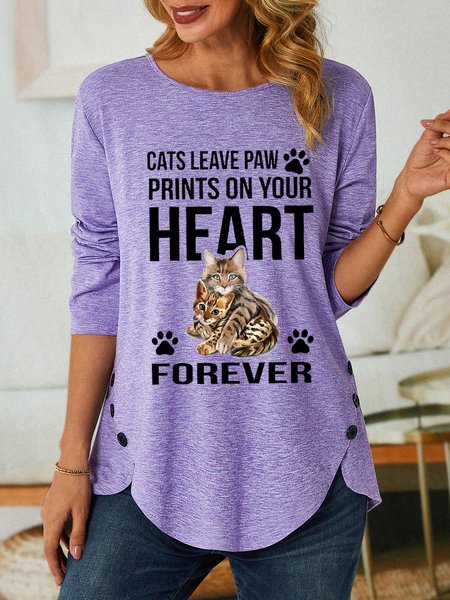 

Cats Leave Paws In Your Heart Forever Women Cotton-Blend Simple Top, Light purple, Long sleeves