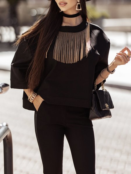 

Crew Neck Urban Three Quarter Sleeve Top, Black, Tees