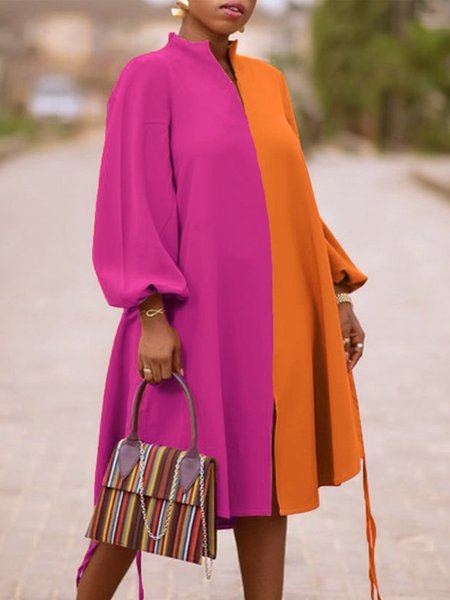 

Simple Loose Color Block Notched Long Sleeve Midi Dress, Rose red, Midi Dresses