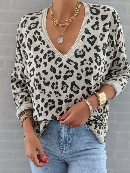 

Loose Casual Leopard V Neck Tops, Multicolor, T-Shirts