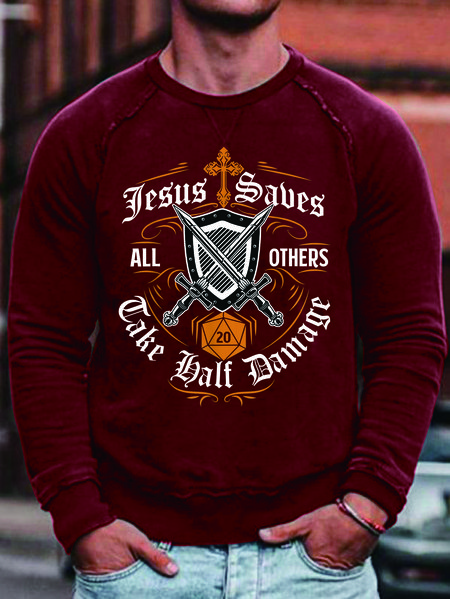 

Men Jesus Damage Crew Neck Loose Sweatshirt, Red, Hoodies&Sweatshirts