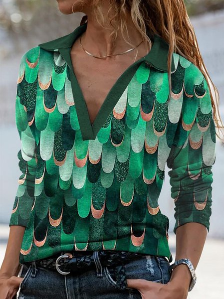 

Shirt Collar Geometric Casual Sweatshirts, Green, Tops