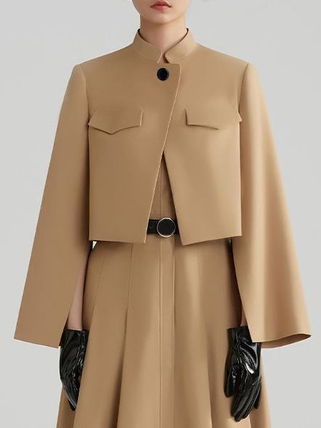 

Stand Collar Urban Loose Plain Jacket, Khaki, Jackets
