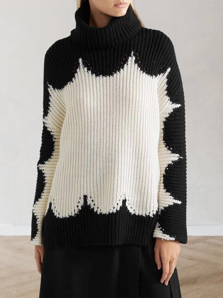 

Color Block Long sleeve Loose Sweater, Black-white, Pullovers