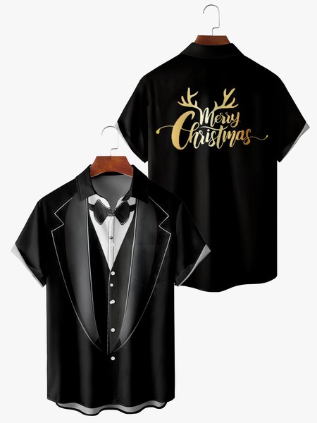 

Men's Christmas Print Fashion Hawaiian Lapel Short Sleeve Shirt, Black, Short Sleeve Shirts