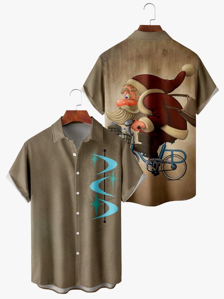 

Men's Christmas Print Fashion Hawaiian Lapel Short Sleeve Shirt, Khaki, Short Sleeve Shirts