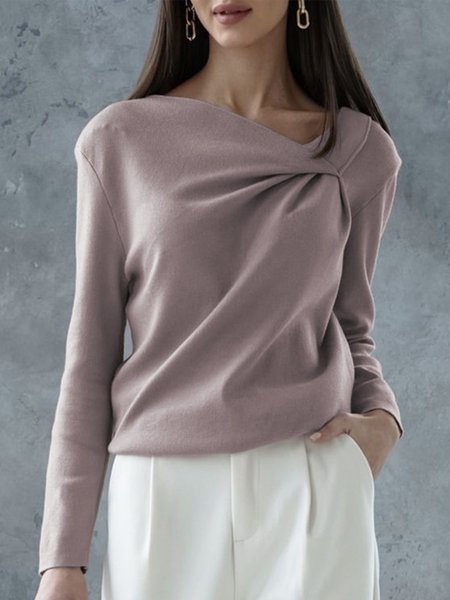 

Simple Ruched Plain Long Sleeve Knit Top, As picture, Sweaters