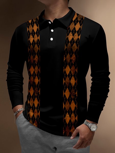 

Casual Art Collection Gradient Abstract Stripes Geometric Color Block Pattern Lapel Button Long Sleeve Print Polo Shirt, Black, Polo Shirts