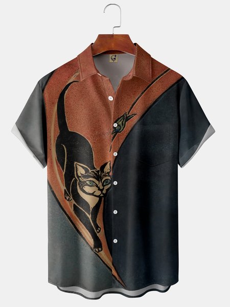 

Men's Halloween Cat Print Fashion Hawaiian Lapel Short Sleeve Shirt, Deep gray, Short Sleeve Shirts