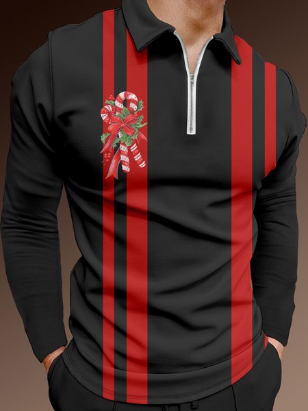 

Casual Festive Collection Christmas Striped Geometric Color Block Candy Cane Pattern Lapel Zip Long Sleeve Print Polo Shirt, Black, Polo Shirts