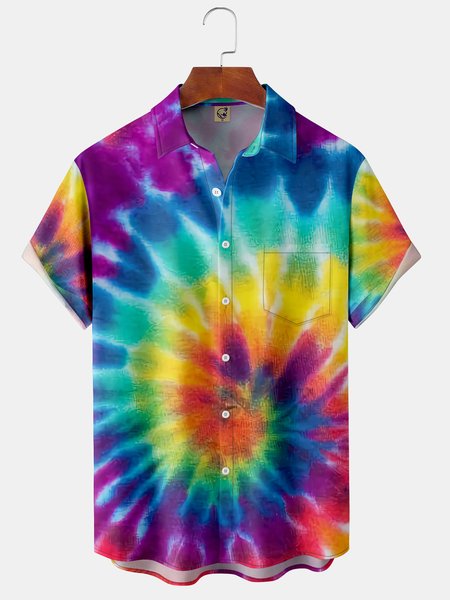 

Mens Retro Tie Dye Print Front Buttons Soft Breathable Chest Pocket Casual Hawaiian Shirt, Purple, Short Sleeve Shirts
